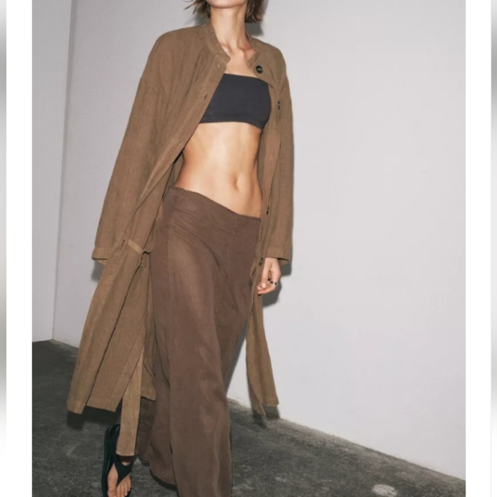 Zara Brown 100% Linen Frock-Coat Style Oversize Overshirt
